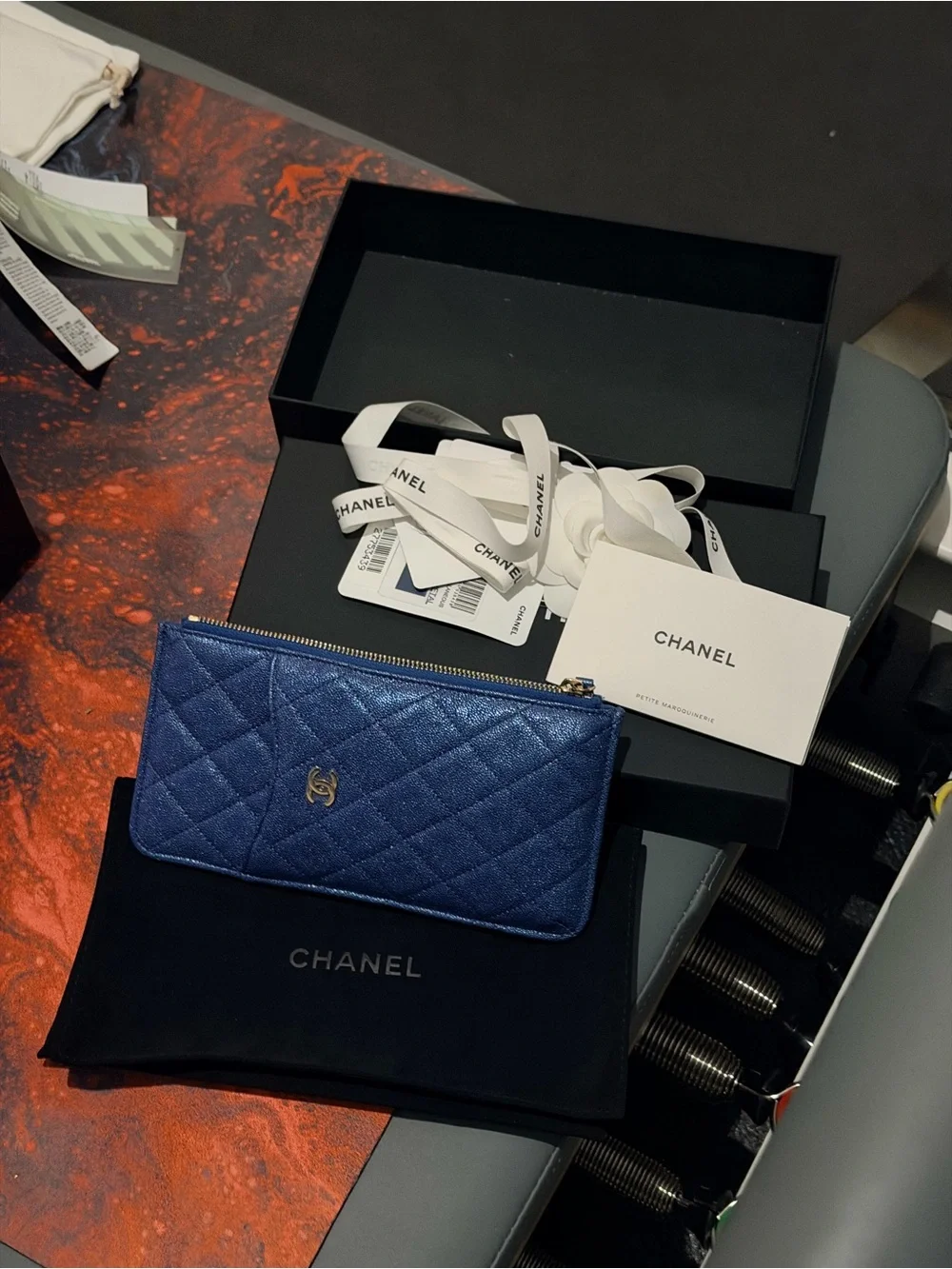 CHANEL Quilted Metallic Blue Zip Card Holder Wallet